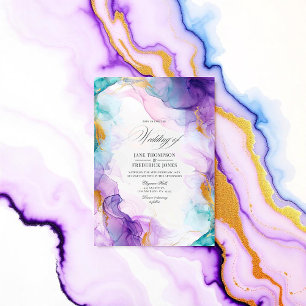 Luxe Purple and Blue Alcohol Ink with Gold Accents Invitation