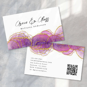 Luxe Purple Gold Glitter Nail Salon QR Code Business Card
