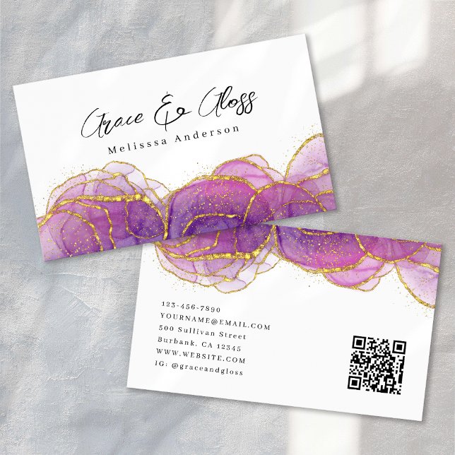Luxe Purple Gold Glitter Nail Salon QR Code Business Card (Creator Uploaded)