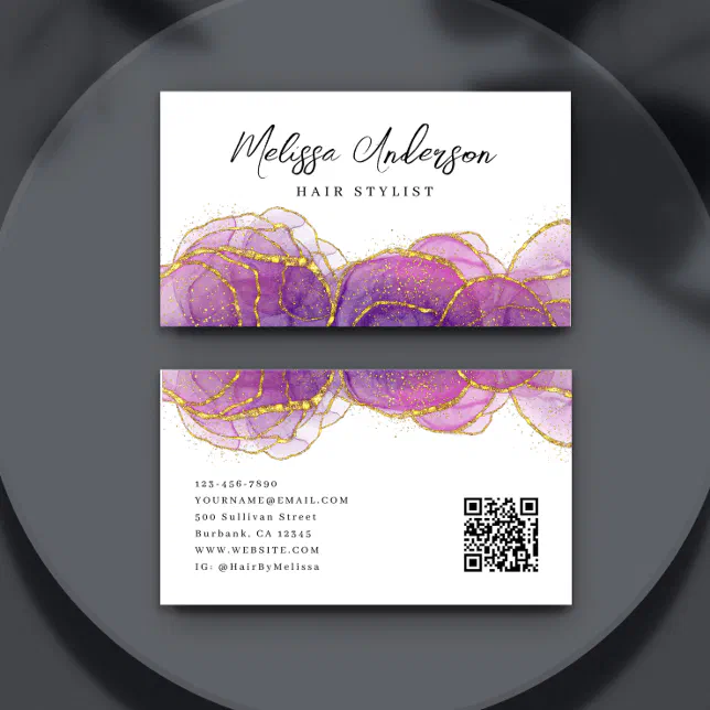 Luxe Purple Gold Glitter QR Code Business Card | Zazzle