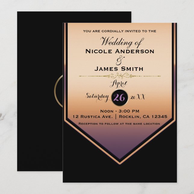 Luxe Purple & Gold Shine Classy Wedding Invitation (Front/Back)