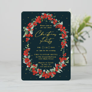 Luxe Red Berry + Eucalyptus Christmas Party Foil Invitation