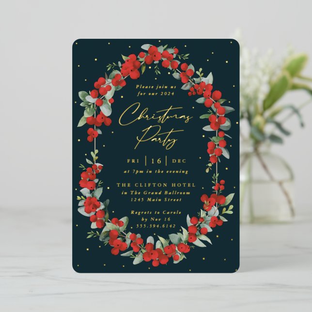 Luxe Red Berry + Eucalyptus Christmas Party Foil Invitation (Standing Front)