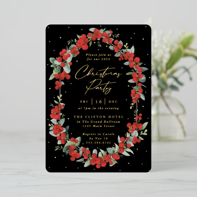 Luxe Red Berry + Eucalyptus Christmas Party Foil Invitation (Standing Front)