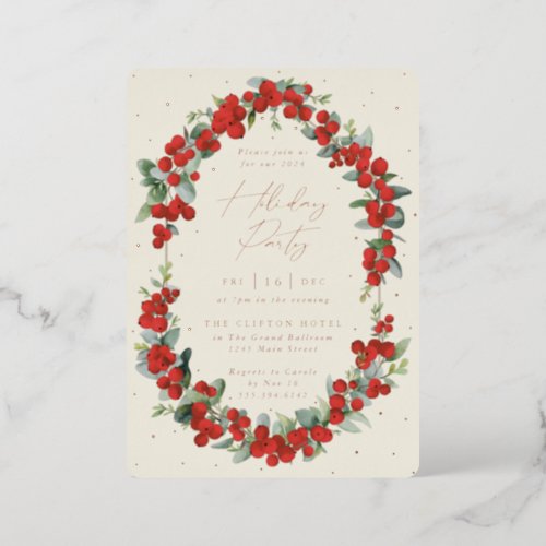Luxe Red Berry  Eucalyptus Holiday Party Foil Invitation