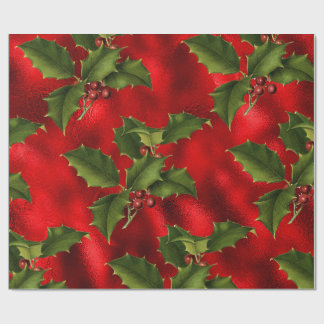Luxe Red Faux Foil, Green Holly, Red Berries Wrapping Paper