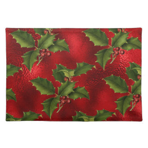 Luxe Red Foil, Green Holly, Red Berries Cloth Placemat