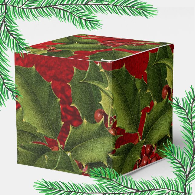 Luxe Red Foil, Green Holly, Red Berries Favor Box (Creator Uploaded)