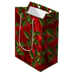 Luxe Red Foil, Green Holly Red Berries Medium Gift Bag