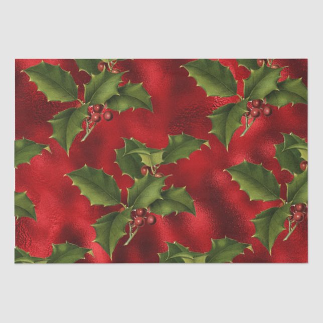 Luxe Red Foil, Green Holly, Red Berries Wrapping P Tissue Paper (Front)