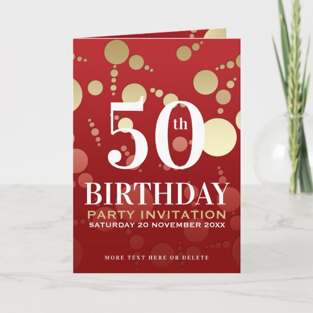 Luxe Red Gold 50th Birthday Party Folded Invitation (Front)