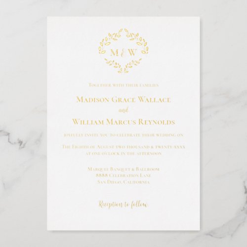  Luxe Romantic Wreath Monogram White Gold Wedding  Foil Invitation