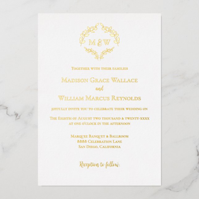  Luxe Romantic Wreath Monogram White Gold Wedding  Foil Invitation (Front)