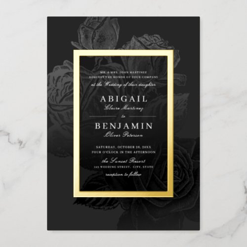 Luxe rose black gold vintage botanical wedding foil invitation