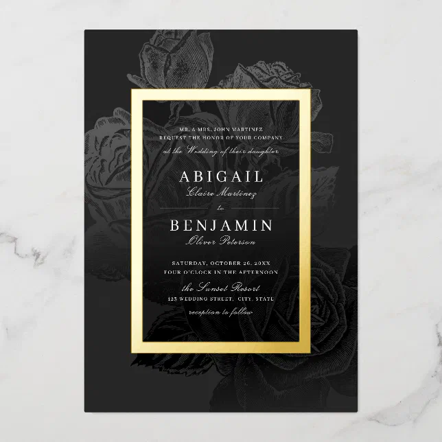 Luxe rose black gold vintage botanical wedding foil invitation | Zazzle