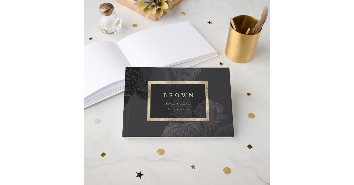 Luxe rose black gold vintage botanical wedding guest book | Zazzle