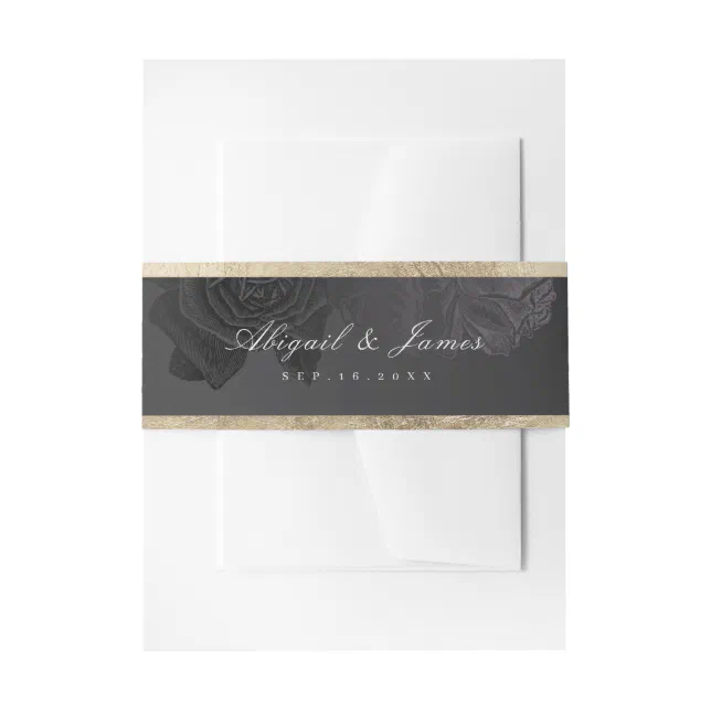 Luxe rose black gold vintage botanical wedding invitation belly band ...