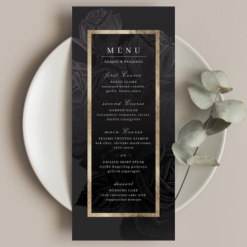 Luxe rose black gold vintage botanical wedding menu