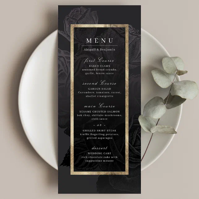 Luxe rose black gold vintage botanical wedding menu | Zazzle