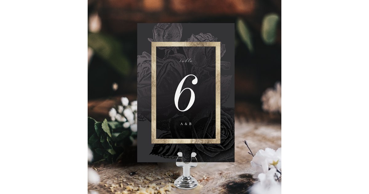 Luxe rose black gold vintage botanical wedding table number | Zazzle