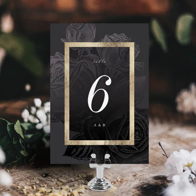 Luxe rose black gold vintage botanical wedding table number | Zazzle