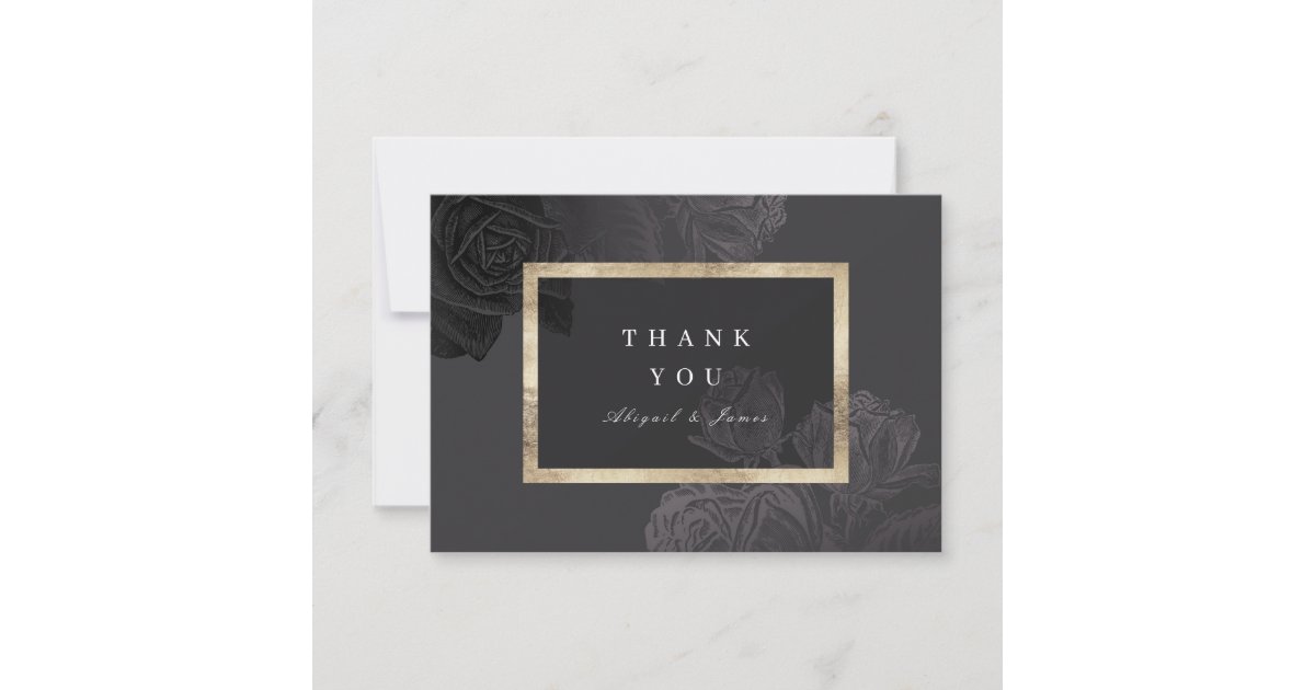 Luxe rose black gold vintage botanical wedding thank you card | Zazzle