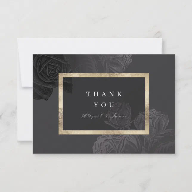 Luxe rose black gold vintage botanical wedding thank you card | Zazzle