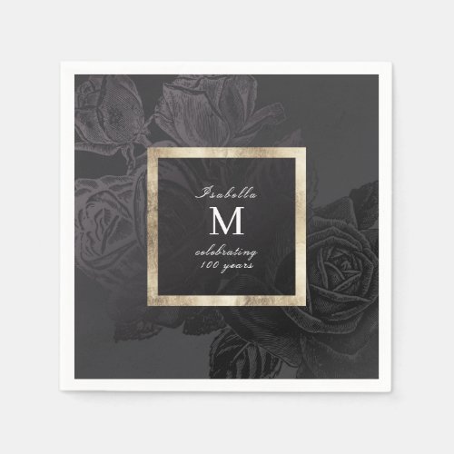 Luxe rose black vintage botanical bridal shower napkins