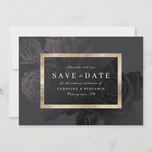 Luxe rose black vintage botanical save the date