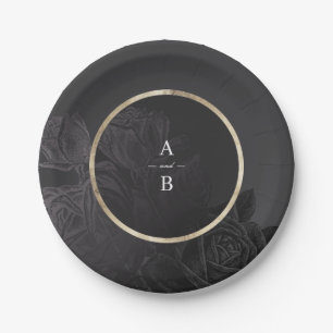 Luxe rose black vintage botanical wedding monogram paper plates