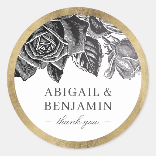 Luxe rose black white gold vintage floral wedding classic round sticker