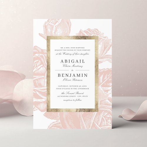 Luxe rose blush gold vintage botanical wedding invitation