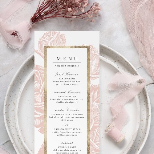 Luxe rose blush gold vintage botanical wedding menu