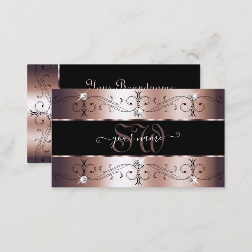 Luxe Rose Gold and Black Ornate Borders Monogram Business Card