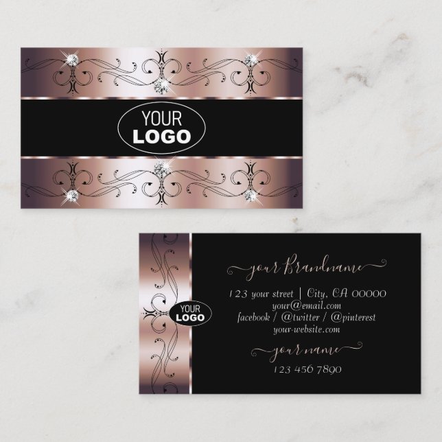 Luxe Rose Gold and Black Ornate Borders with Logo Business Card (Front/Back)