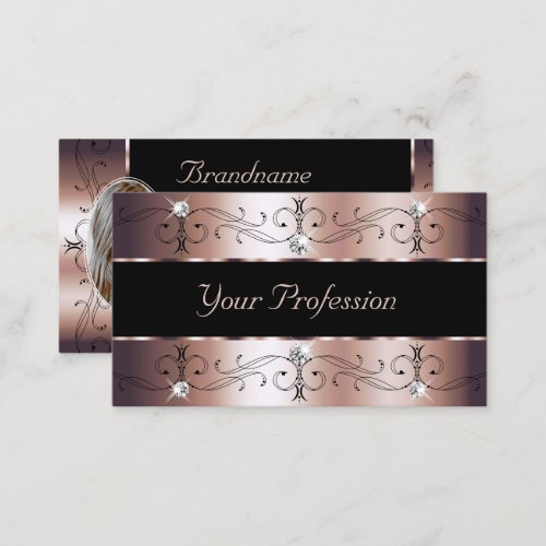 Luxe Rose Gold and Black Ornate Borders with Photo Business Card