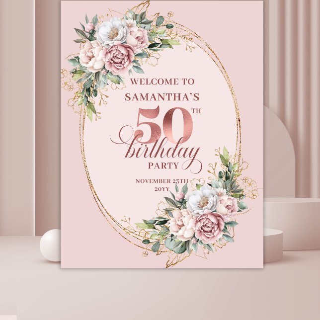 Luxe Rose Gold Botanical 50th Birthday Party Banne Tapestry (Luxe Rose Gold Botanical 50th Birthday Party Banner)