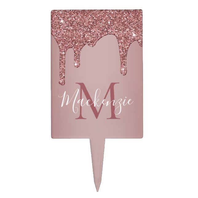 Luxe Rose Gold Dripping Glitter Monogram Cake Topper (Front)