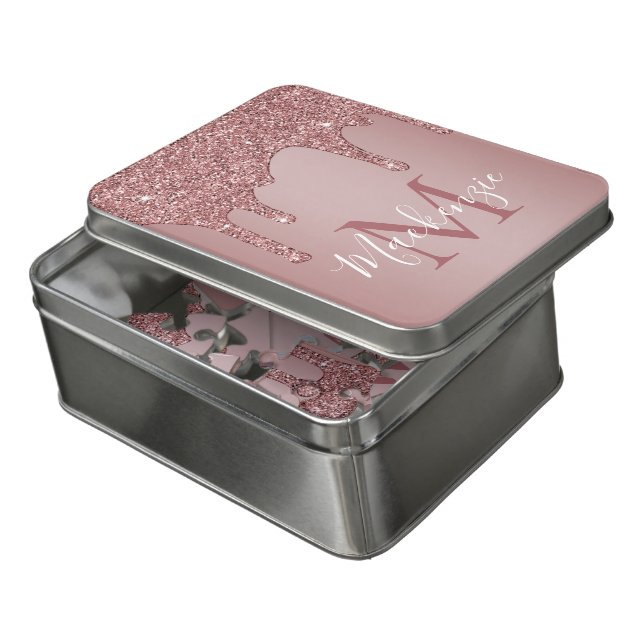 Luxe Rose Gold Dripping Glitter Monogram Jigsaw Puzzle (Lid Open)