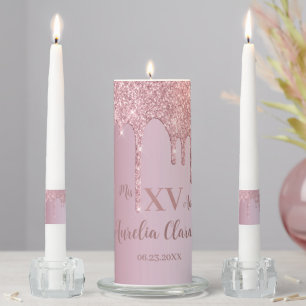 Luxe Rose Gold Dripping Glitter Monogram Quince Unity Candle Set