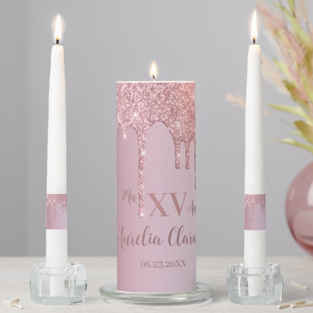 Luxe Rose Gold Dripping Glitter Monogram Quince Unity Candle Set (In Situ)