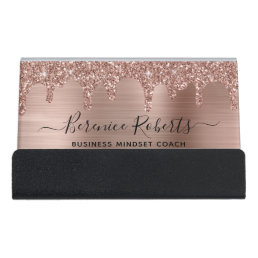 Luxe Rose Gold Glitter Drips Brushed Metal Desk Business Card Holder