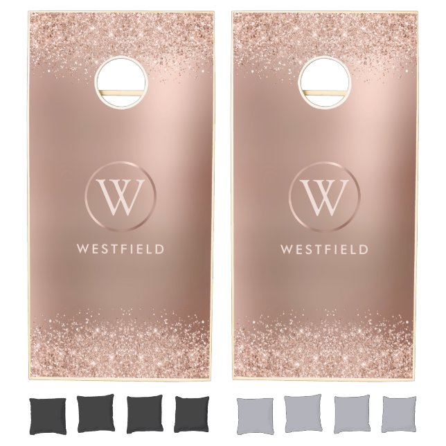 Luxe Rose Gold Glitter Metallic Monogram Cornhole Set (Set)