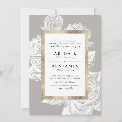 Luxe rose gold gray vintage botanical wedding invitation