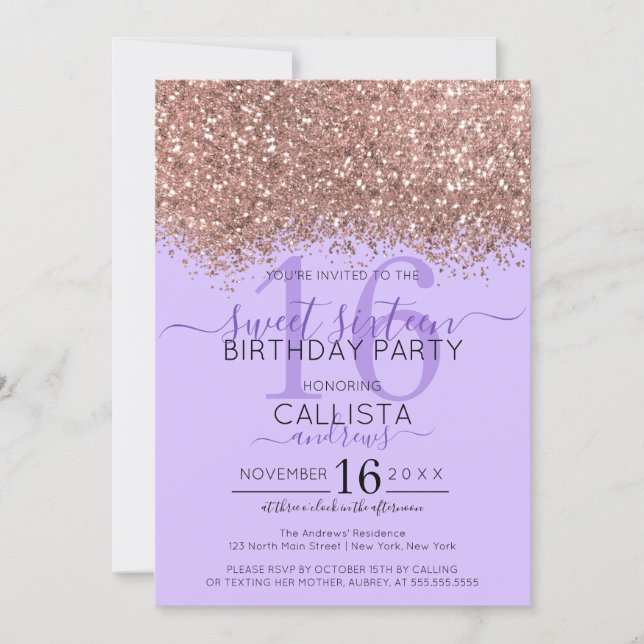 Luxe Rose Gold Lavender Glitter Confetti Sweet 16 Invitation (Front)