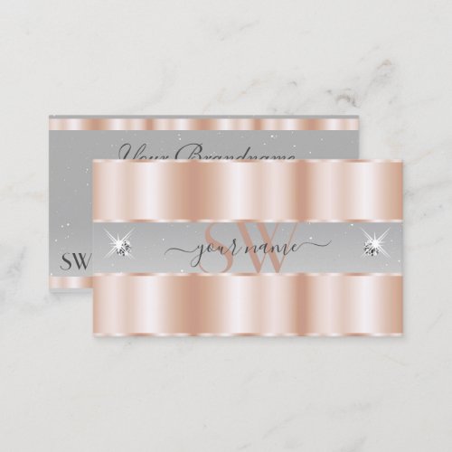 Luxe Rose Gold Light Gray Sparkle Jewels Initials Business Card