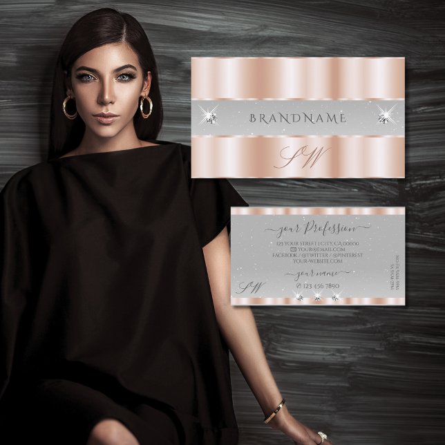 Luxe Rose Gold Light Gray Sparkle Jewels Monogram Business Card (Creator Uploaded)