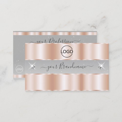 Luxe Rose Gold Light Gray Sparkle Jewels with Logo Business Card