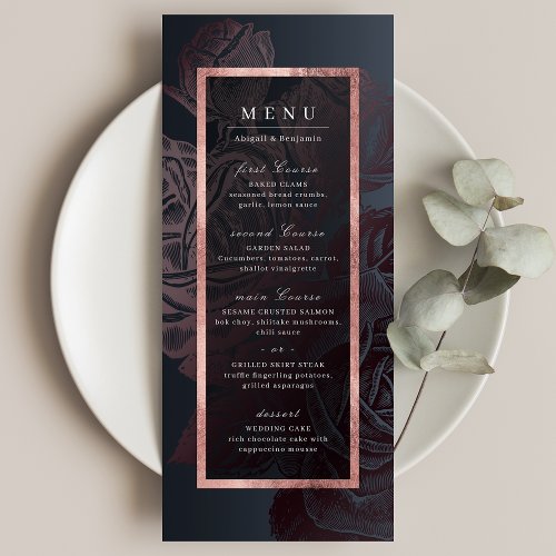 Luxe rose gold moody vintage botanical wedding menu
