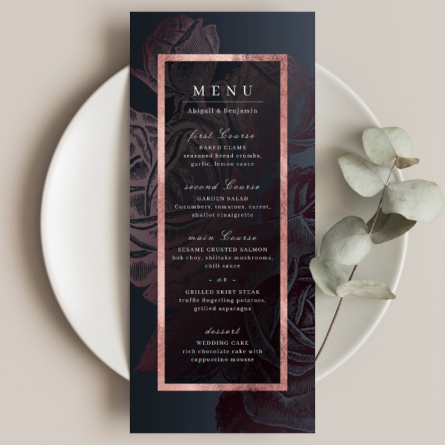Luxe rose gold moody vintage botanical wedding menu (Luxe rose gold moody vintage botanical wedding menu)